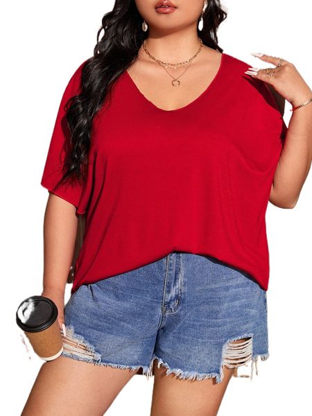

plus solid batwing sleeve t-shirt l1c6#, Black