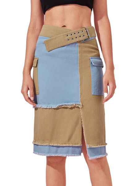 

x amanda avery colorblock buckle raw trim split hem skirt j1mw#, Black