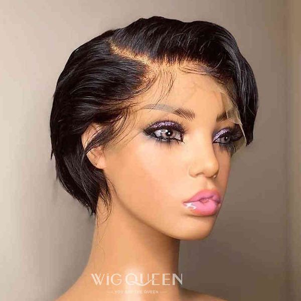 

pixie cut wig short bob straight human hair s x t part lace boss lady preplucked hairline longlasting styling 220606, Black