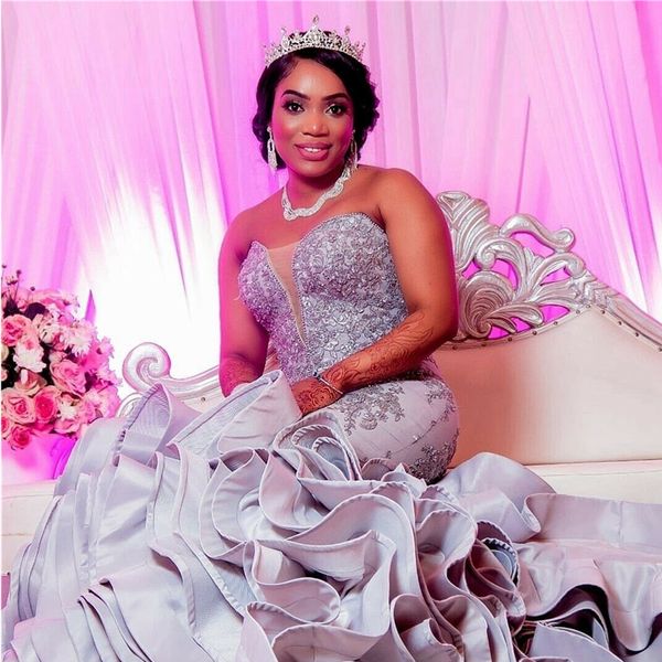 

african new strapless organza mermaid wedding dresses beaded stones layered ruffles bridal gowns, White