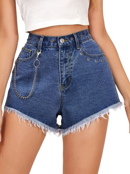 

grommet eyelet chain detail raw cut denim shorts v65l#, White;black