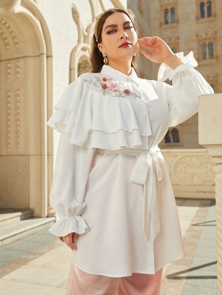 

plus stereo flowers appliques ruffle trim flounce sleeve belted blouse d9nl#, Black