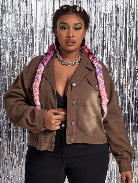 

plus flap detail washed denim jacket g7pt#, Black;brown