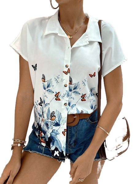 

butterfly & floral print batwing sleeve shirt w2fb#, White