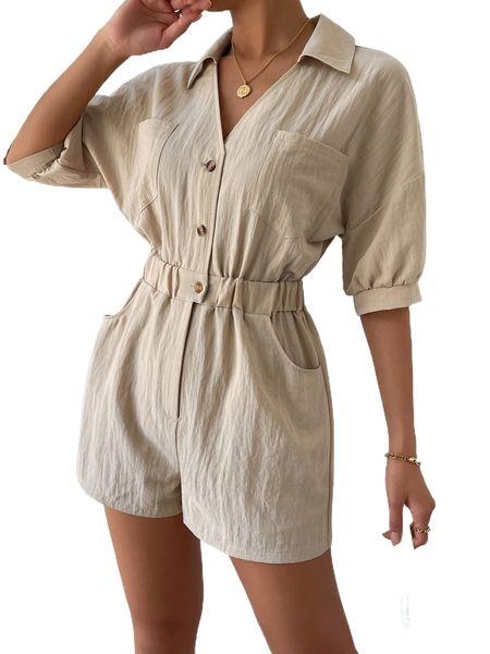 

dual pocket drop shoulder romper b6m5#, Black;white