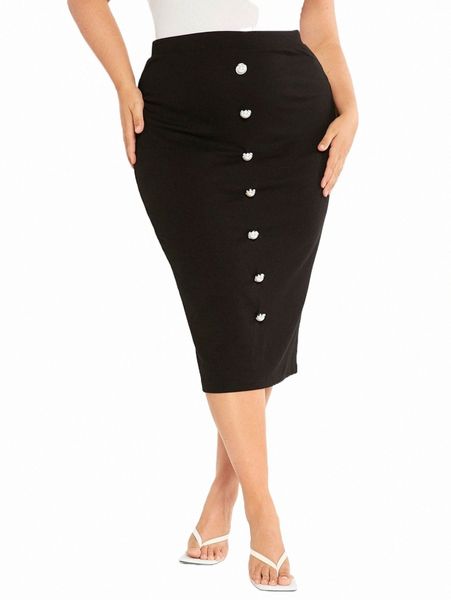 

evolu plus button front pencil skirt d9m2#, Black