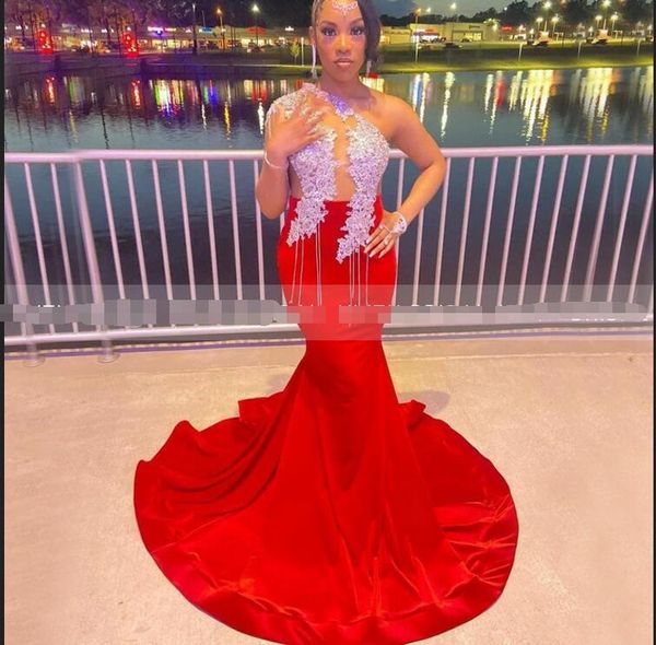

red mermaid prom dresses one shoulder single illusion long sleeve white appliques african black girls party evening gowns
