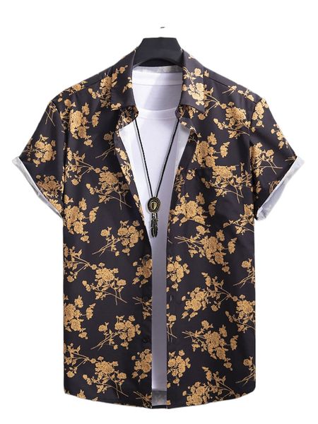 

men floral print patched pocket shirt k3ta#, White;black