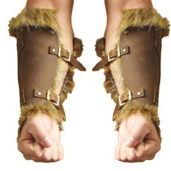 Supporto per il polso Larp Costume Cavaliere Viking Gauntlet Bracciale in pelle Uomo Cosplay Braccio per adulti Steampunk Per accessori Pelliccia Armatura medievale L