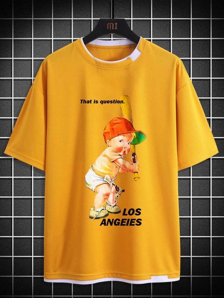 

men slogan & figure graphic drop shoulder 2 in 1 tee h6wa#, White;black