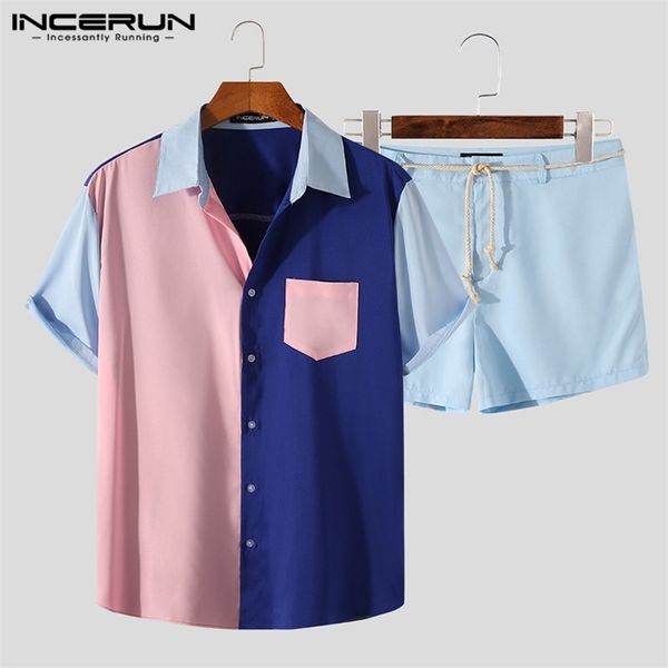 

incerun patchwork sets lapel short sleeve casual shirt beach shorts streetwear summer breathable men hawaiian suit 2 pieces 220707, Gray
