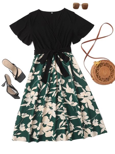 

floral print surplice neck belted dress x3sz#, Black;gray