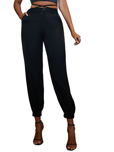 

sxy solid belted tapered pants f6z3#, Black;white
