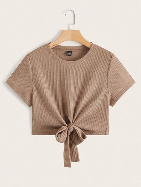 

tie front rib-knit crop tee w1mk#, White