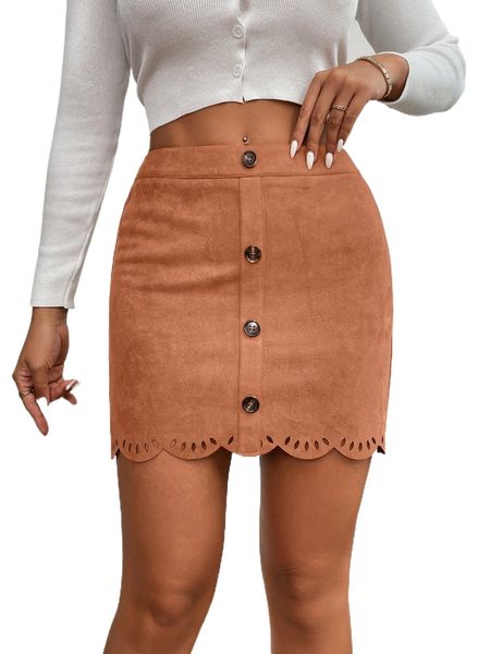 

petite button front laser cut scallop hem suede skirt e36w#, Black