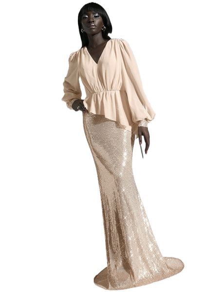 

missord lantern sleeve belted sequins dress h7my#, Black;gray