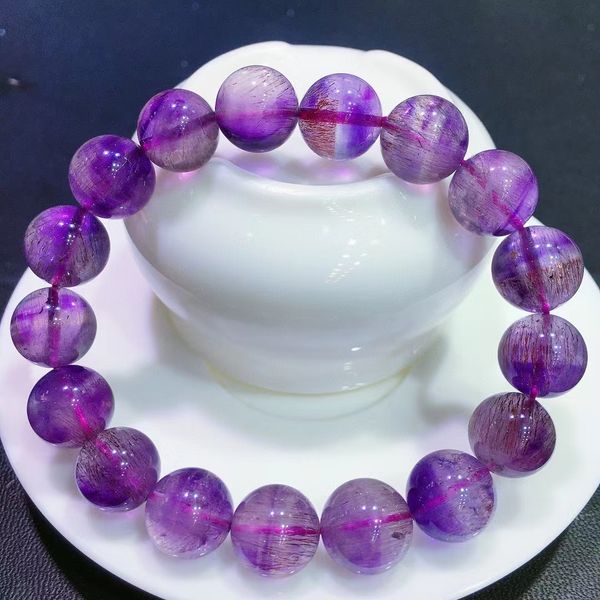 

natural purple super seven 7 colorful bracelet 12.4mm purple rutilated quartz rare jewelry clear round beads men women aaaaaa, Silver