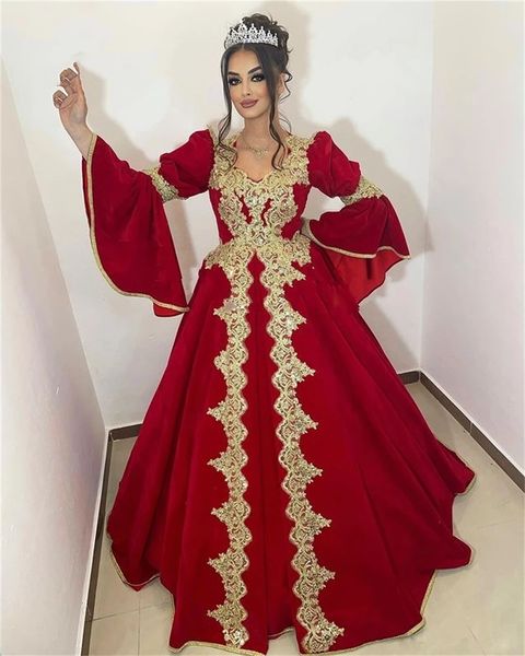 Vintage vermelho manga longa kaftan vestidos de noite para Dubai mulheres V pescoço varrer trem plus tamanho formal vestidos de festa de baile