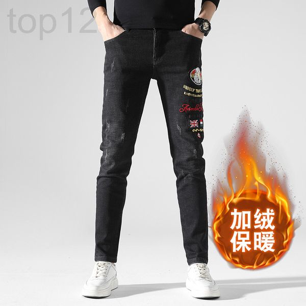 

men's jeans designer autumn winter plush jeans men's fashion brand eagle head embroidery hole casual trend slim fit small feet lon, Blue