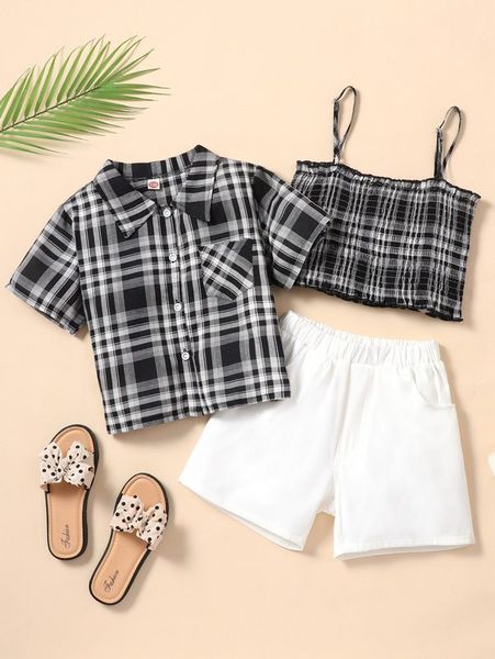 

girls plaid patched pocket blouse & shirred cami & shorts she, White