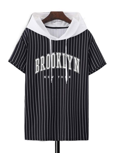 

men striped & letter graphic drawstring hooded tee x3r9#, White;black