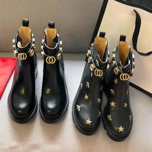 

martin short boots 100% cowhide belt buckle metal women shoes classic thick heels leather designer shoe high heeled fashion diamon224b, Black