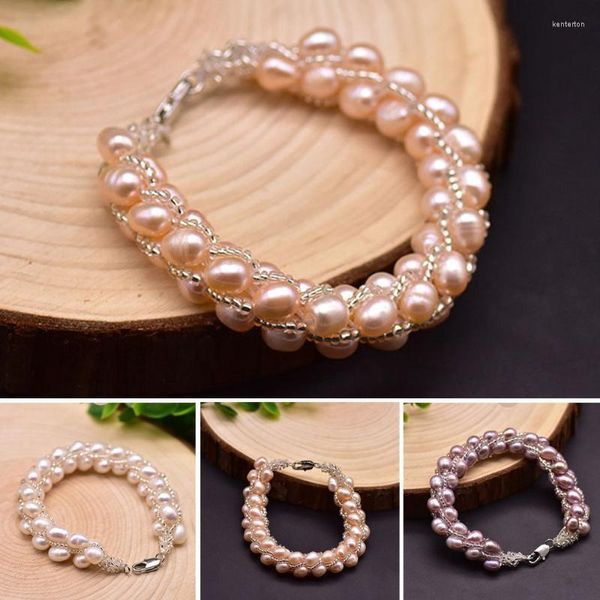 Catena a maglie Bianco Rosa Viola Bracciale di perle barocche Perle naturali Bracciale intrecciato per le donne Gioielleria raffinata moda fatta a mano Design originale Ke