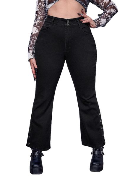 

plus high waist button fly hem flare leg jeans g6sa#, Blue