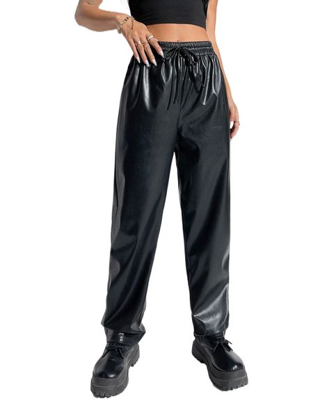 

solid drawstring waist wide leg pu pants i6xc#, Black;white