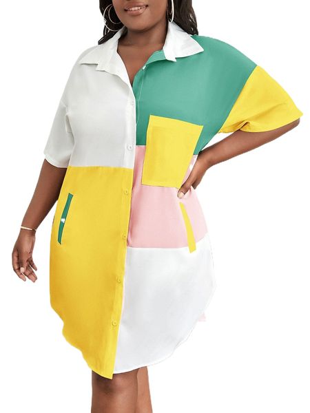 

plus colorblock patched pocket drop shoulder shirt dress t36r#, Black