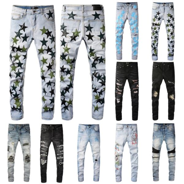 

mens jeans designer embroidery distressed ripped biker slim fit motorcycle stretch bikers denim for men fashion black pants, Blue