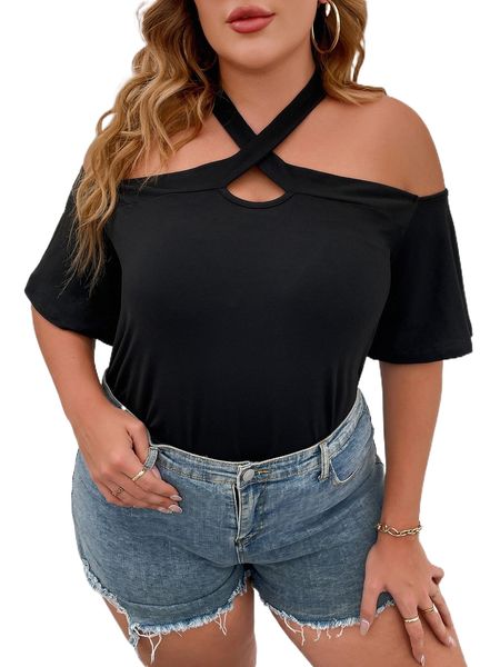 

plus criss cross cut out tee q4cv#, Black