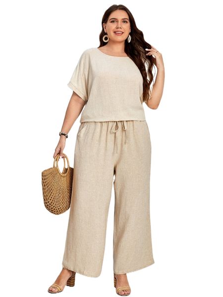 

emery rose plus solid batwing sleeve & tie waist pants set x7bm#, Black