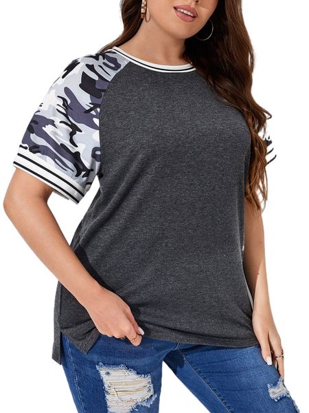 

plus camo raglan sleeve slit hem tee q6cj#, Black