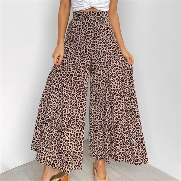 

fashion summer elegant casual pants women printing leopard high-waisted loose cotton trousers womens wide leg pants 201228, Black;white