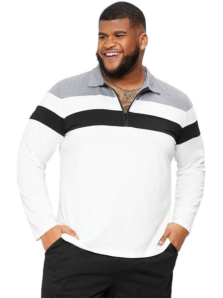 

extended sizes men color block quarter zip polo shirt k8dk#, White;black