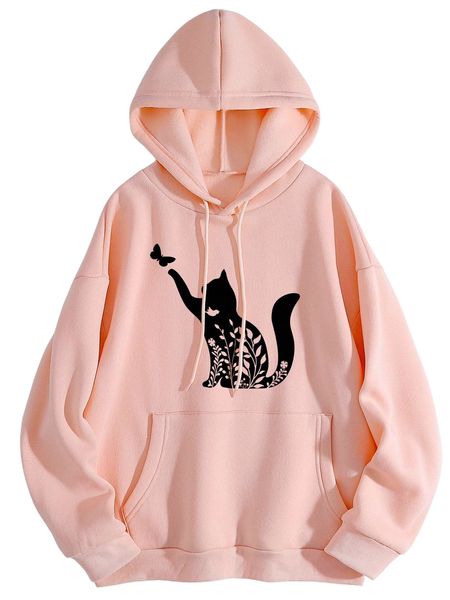 

butterfly and cat print drawstring thermal lined hoodie d7nd#, Black