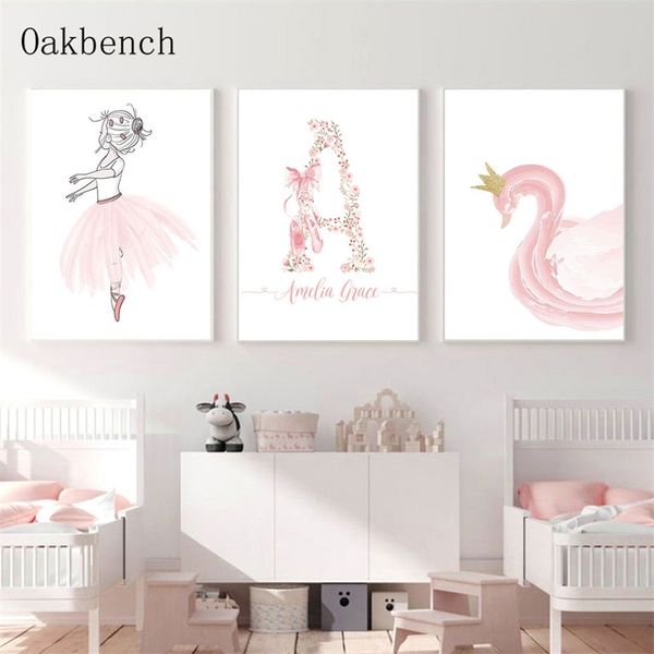 Ballett Kunstdruck Individuelle Name Poster Rosa Schwan Poster Kindergarten Leinwand Malerei Nordic Wand Bilder Baby Mädchen Zimmer Dekor 220614