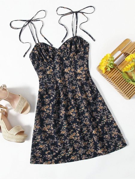

knot strap ruched bust ditsy floral dress 01ji#, Black;gray