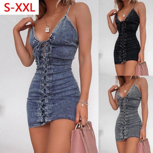 Plus Size Vestidos Telotuny Summer Dress Vintage 2022 Atadura Mini Sexy Grande V Pescoço Sem Mangas Do Clube Festa Denim Jeans