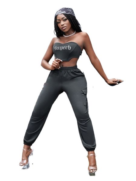 

sxy letter rhinestone crop tube & flap pocket joggers set s3au#, White