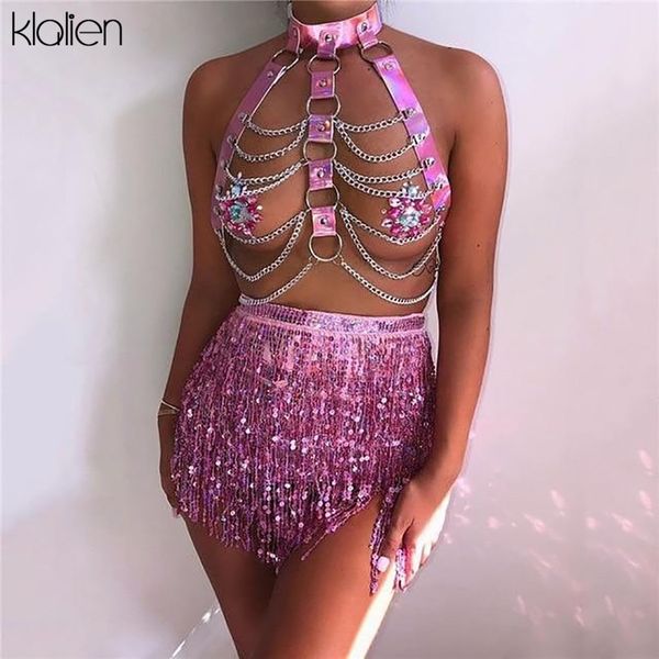 

hollow out halter camisole women club party crop streetwear y2k hip hop chain slim skinny female tank top, White