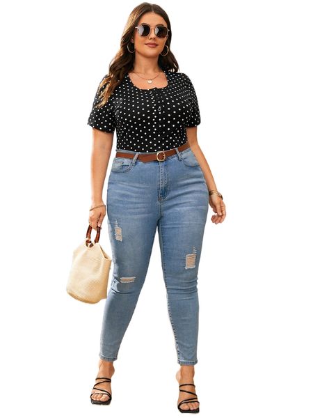 

plus polka dot button front tee 4911#, Black