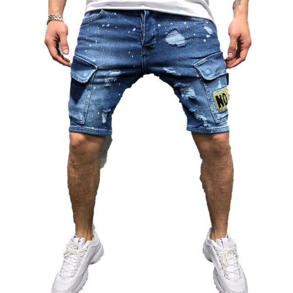

men's shorts summer stretch ripped short jeans fashion casual slim fit elastic badge broken hole denim, White;black