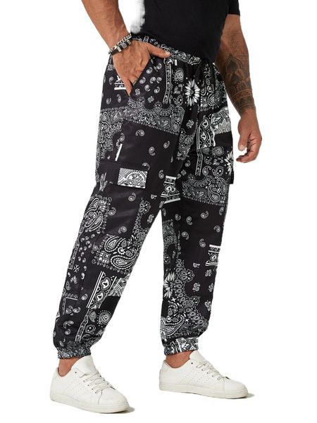 

extended sizes men paisley print flap pocket cargo pants l6oq#, Black