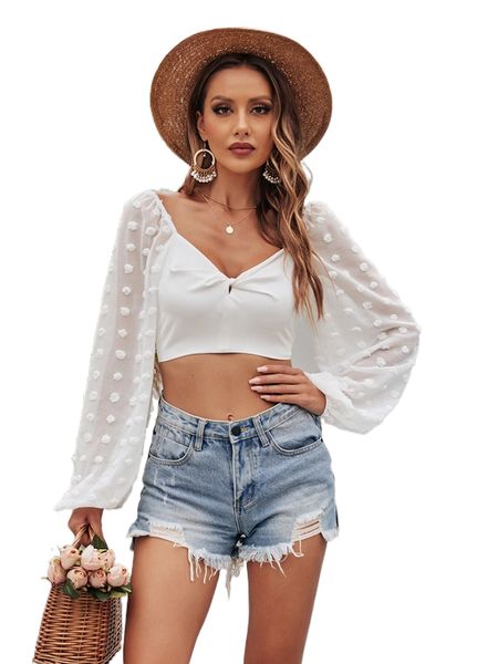

swiss dot bishop sleeve twist front blouse g6iu#, White