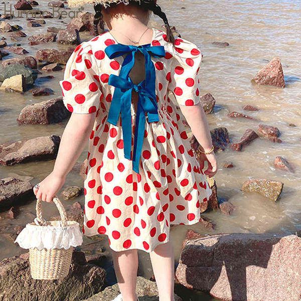 

humor bear 2022 summer puff-sleeve girls sweet polka dot printed dress cute backless bow princess dress kids clothes g220506, Red;yellow