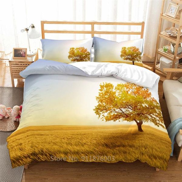 Bedding Sets Golden Autumn Conjunto de árvores caídas Folhas estampas de rodovias capa de linho de linho de cama de linho da cama Vista da natureza da natureza
