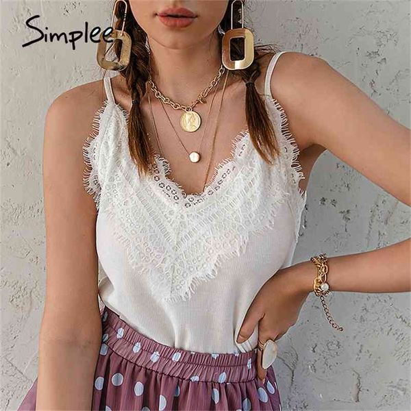 

lace white spring summer female vest fashion lace knitted short tank causal sleeveless v-neck women camis 210325