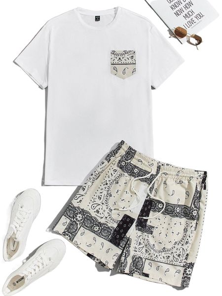 

men paisley print patched pocket tee & shorts b7ec#, Gray